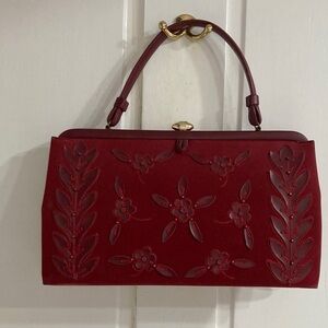 Vintage Red Floral Applique Top-Handle Clutch